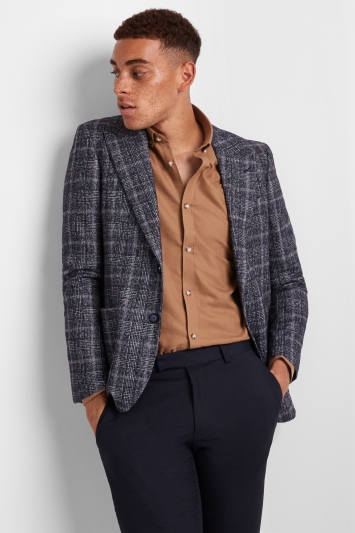 Moss London Premium Skinny Fit Blue Brown Prince of Wales Check Jacket