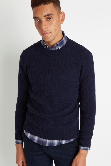 Moss London Navy Melange Cable-Knit Crew-Neck Jumper