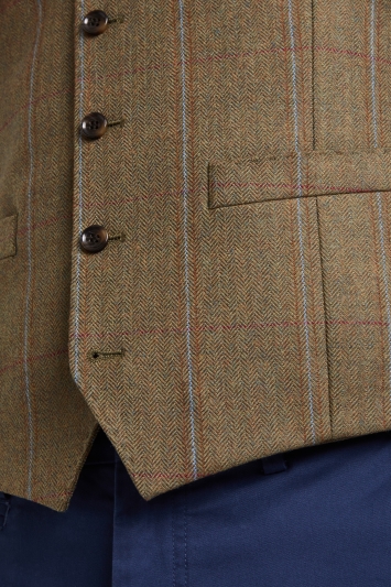 Moss 1851 Tailored Fit Tan Multi Check Waistcoat