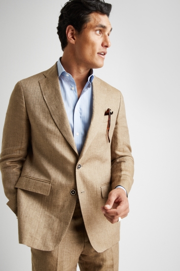 Savoy Taylors Guild Tailored Fit Beige Herringbone Linen Jacket