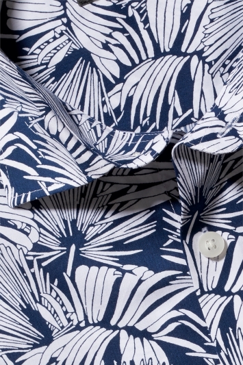 Moss London Navy Single Cuff Palm Print Shirt