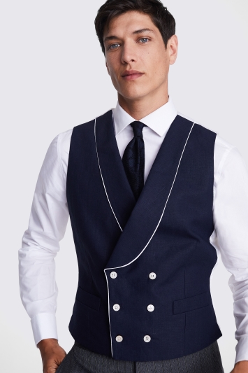 Tailored Fit Navy Linen Waistcoat