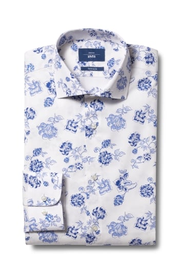 Moss 1851 Tailored Fit Blue Single Cuff Floral Shirt