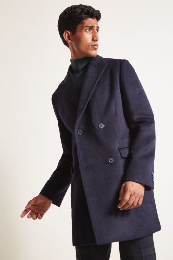 Moss London Slim Fit Navy Double Breasted Double Faced Overcoat