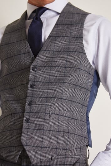 Moss 1851 Tailored Fit Grey Blue Check Waistcoat