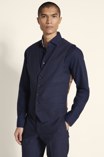 Tailored Fit Navy Gold Check Waistcoat