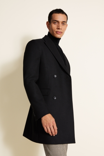 Moss London Slim Fit Black Double Breasted Overcoat