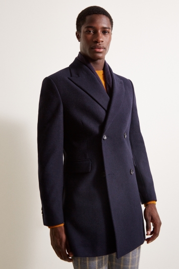 Moss London Slim Fit Navy Double Breasted Overcoat