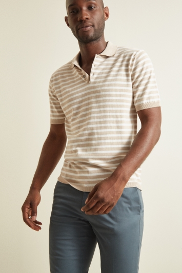 Moss 1851 Oatmeal with Warm White Stripe Short-Sleeve Polo Shirt