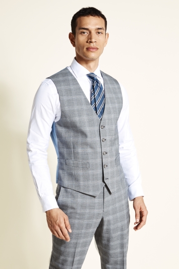 Tailored Fit Grey Blue Check Waistcoat