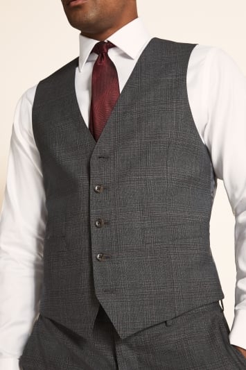 Tailored Fit Grey Red Check Waistcoat