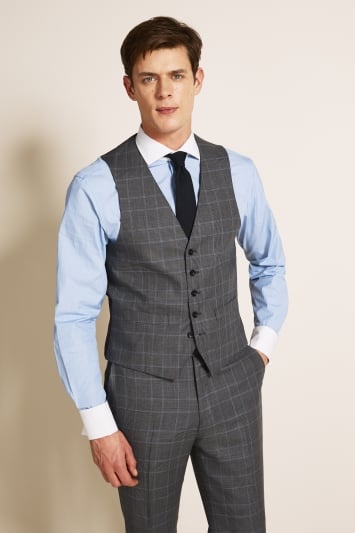 Regular Fit Grey Blue Check Waistcoat