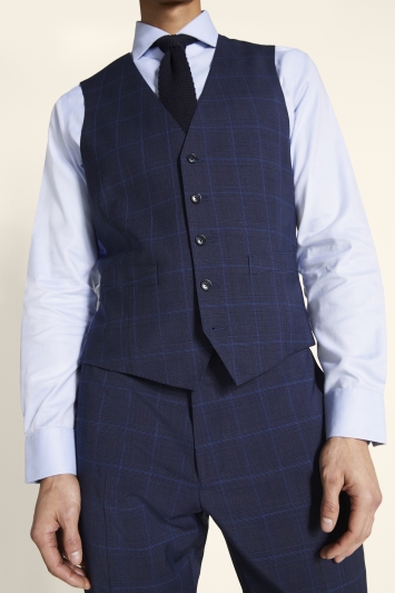 Tailored Fit Blue Check Stretch Waistcoat