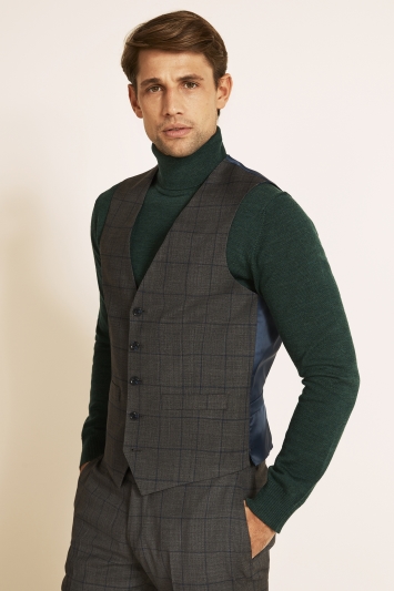 Moss 1851 Tailored Fit Grey with Blue Windowpane Check Supreme Stretch Waistcoat
