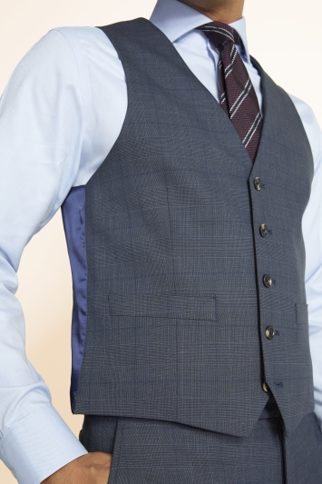 Moss 1851 Regular Fit Slate Blue with Gold Check Waistcoat