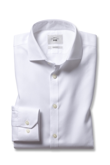 Moss 1851 Slim Fit White Single Cuff Textured Zero Iron Shirt 
