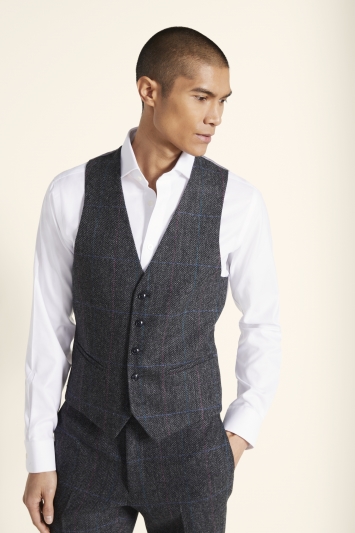 Slim Fit Charcoal Teal Check Waistcoat