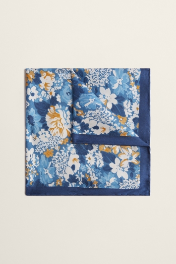 Moss 1851 Blue with Mustard Floral Print Silk Pocket Square