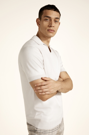 Off White with Contrast Tipping Cotton-Cashmere Polo Shirt