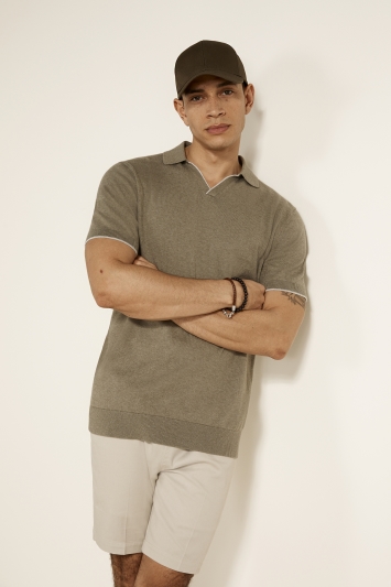 Sage Green with Contrast Tipping Cotton-Cashmere Polo Shirt