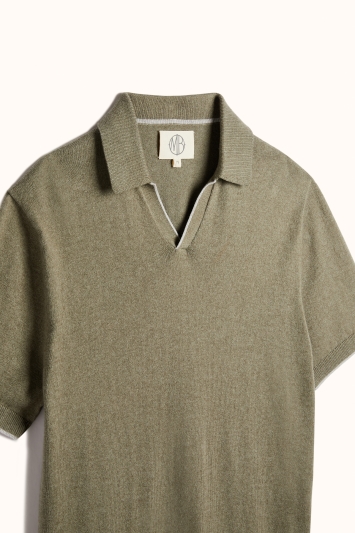 Sage Green with Contrast Tipping Cotton-Cashmere Polo Shirt