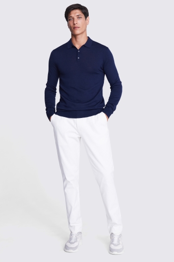 Navy Merino-Blend Long-Sleeve Polo Shirt