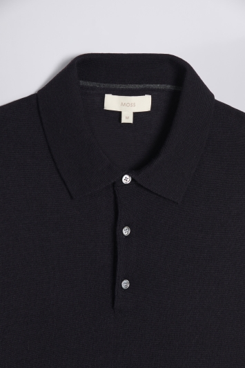 Navy Merino-Blend Long-Sleeve Polo Shirt