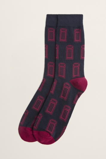 Navy Red Postbox Motif Cotton-Blend Sock