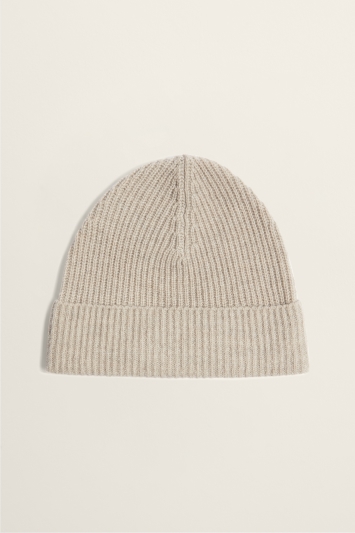 Moss Bros Oatmeal Ribbed Lambswool-Blend Beanie