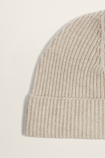 Moss Bros Oatmeal Ribbed Lambswool-Blend Beanie