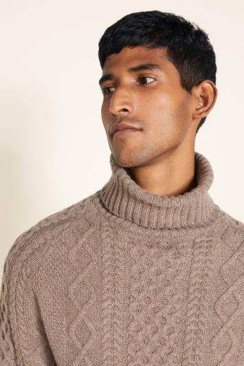 Biscuit Chunky Cable Roll-Neck Jumper