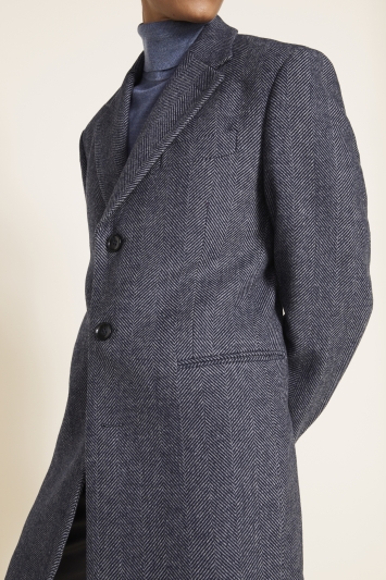 Tailored Fit Blue Herringbone Overcoat