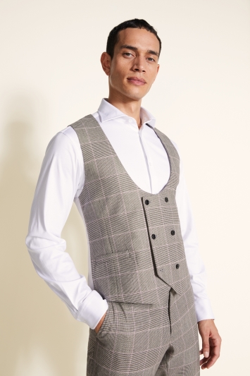Moss London Slim Fit Black & White with Pink Check Waistcoat
