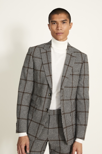 Moss London Slim Fit Black & White with Brown Windowpane Jacket