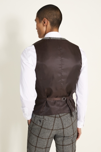 Moss London Slim Fit Black & White with Brown Windowpane Waistcoat