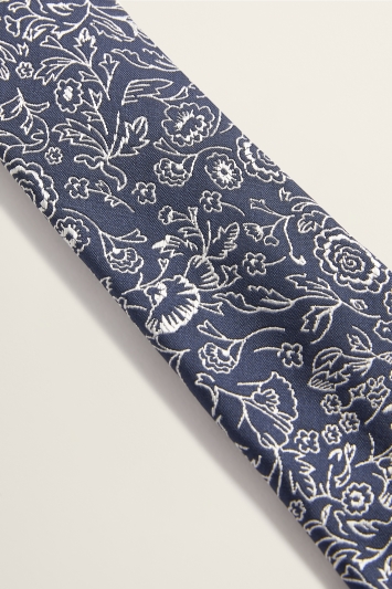 Navy & Silver Floral Tie & Hank Set