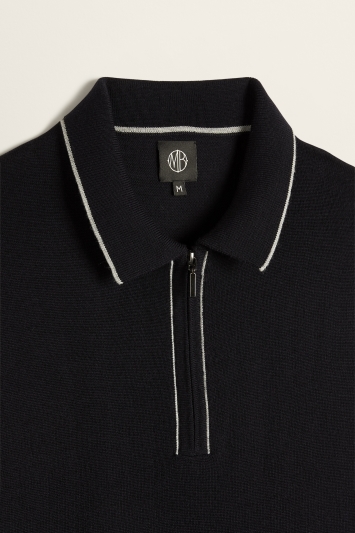 Navy Merino Zip-Neck Polo Shirt