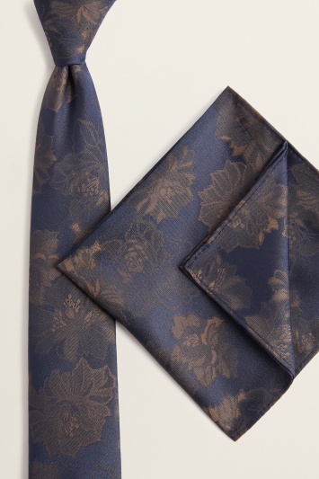 Navy & Brown Floral Tie & Hank Set