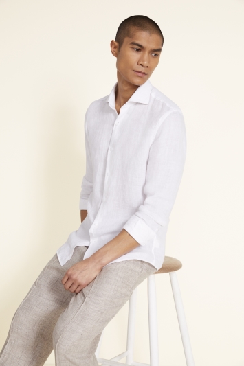 Tailored Fit White Long Sleeve Linen Shirt