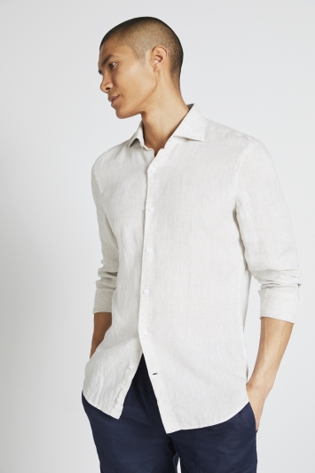 Tailored Fit Taupe Long Sleeve Linen Shirt