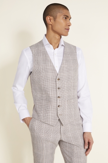 Tailored Fit Taupe Check Linen Waistcoat