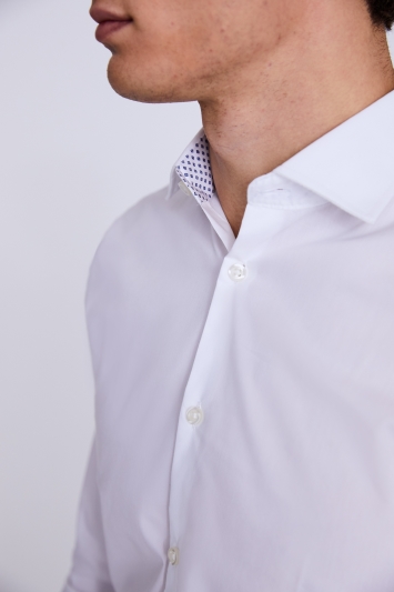Slim Fit White Stretch Shirt with Navy Contrasts