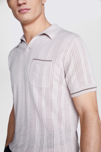 Taupe Cotton Open Knit Skipper Polo