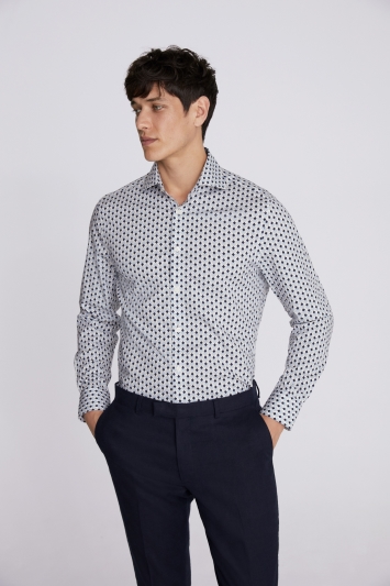 Tailored Fit Navy and Sky Diamond Print Stretch Shirt