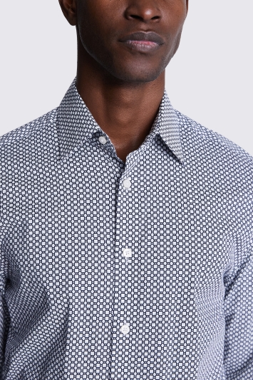 Tailored Fit Navy Geo Printed Stretch Shirt 