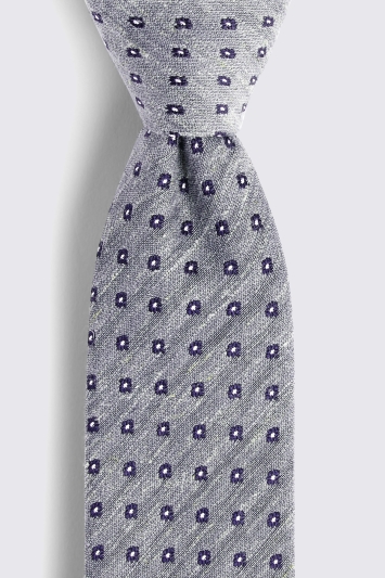 Grey Slub Geo Floral Silk & Linen Tie