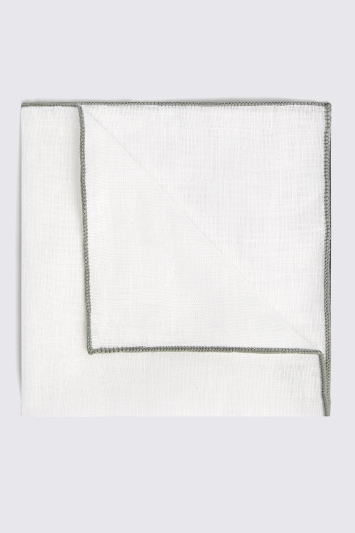 White Linen Pocket Square With Sage Green Border