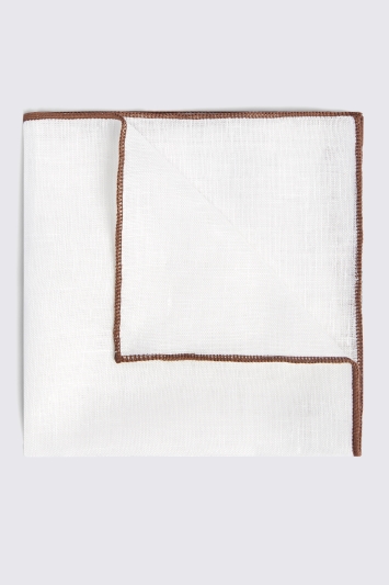 White Linen Pocket Square With Chocolate Border