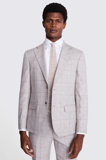 Italian Tailored Fit Taupe Check Suit Jacket