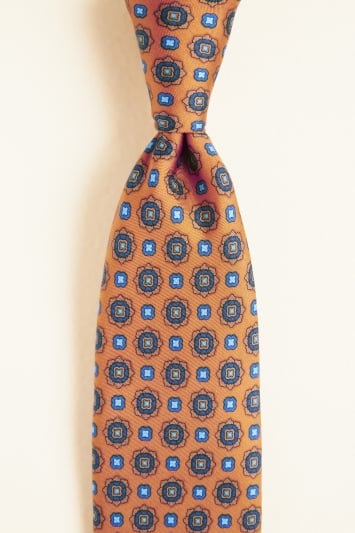 Orange with Blue Medallion Print Silk Tie